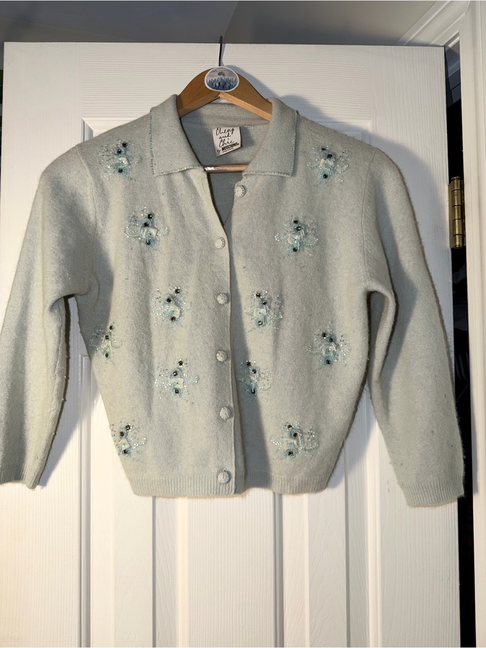 Vintage Moschino Cheap & Chic Beaded Wool/Angora Cardigan Icy Blue Made Italy. M